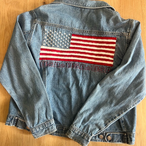 Vintage Denim Jacket with stitched American Flag and USA - Picture 1 of 5